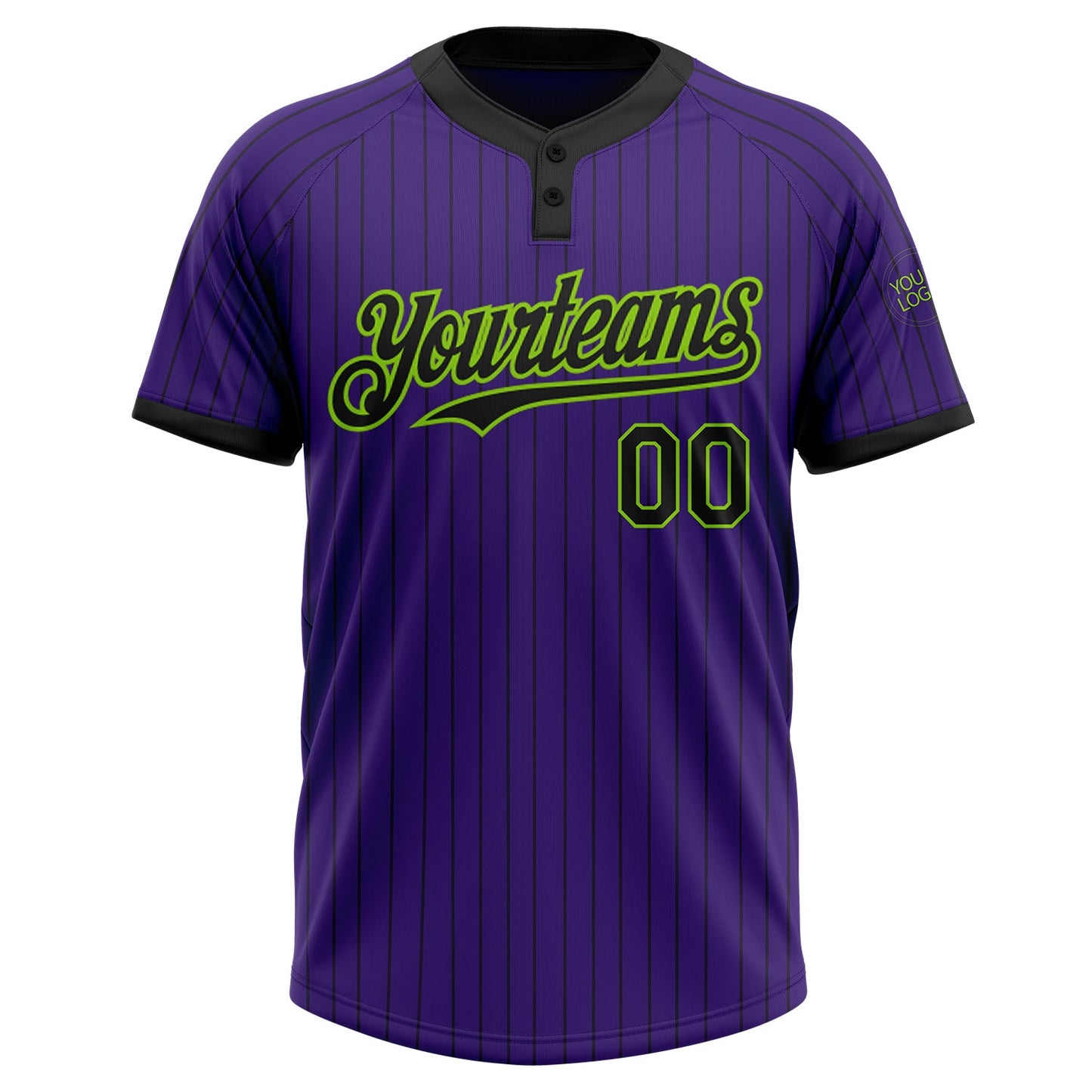 Custom Purple Black Pinstripe Neon Green Two-Button Unisex Softball Jersey view 2