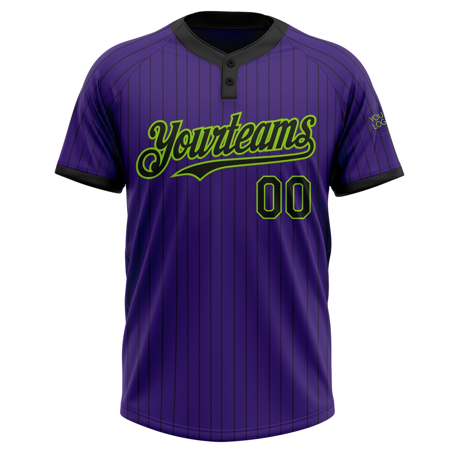 Custom Purple Black Pinstripe Neon Green Two-Button Unisex Softball Jersey view 2
