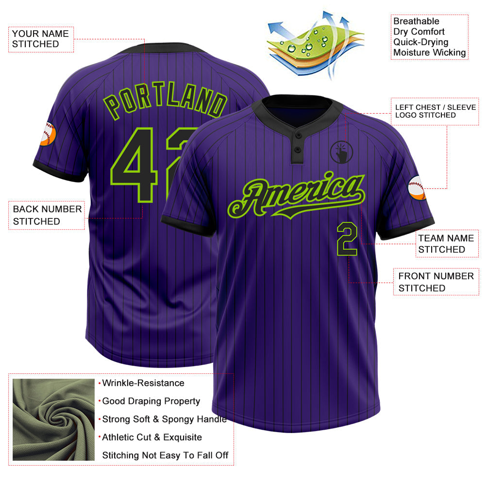 Custom Purple Black Pinstripe Neon Green Two-Button Unisex Softball Jersey view 3