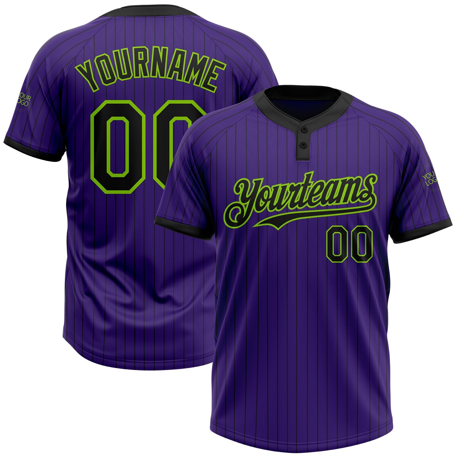 Custom Purple Black Pinstripe Neon Green Two-Button Unisex Softball Jersey - Main View