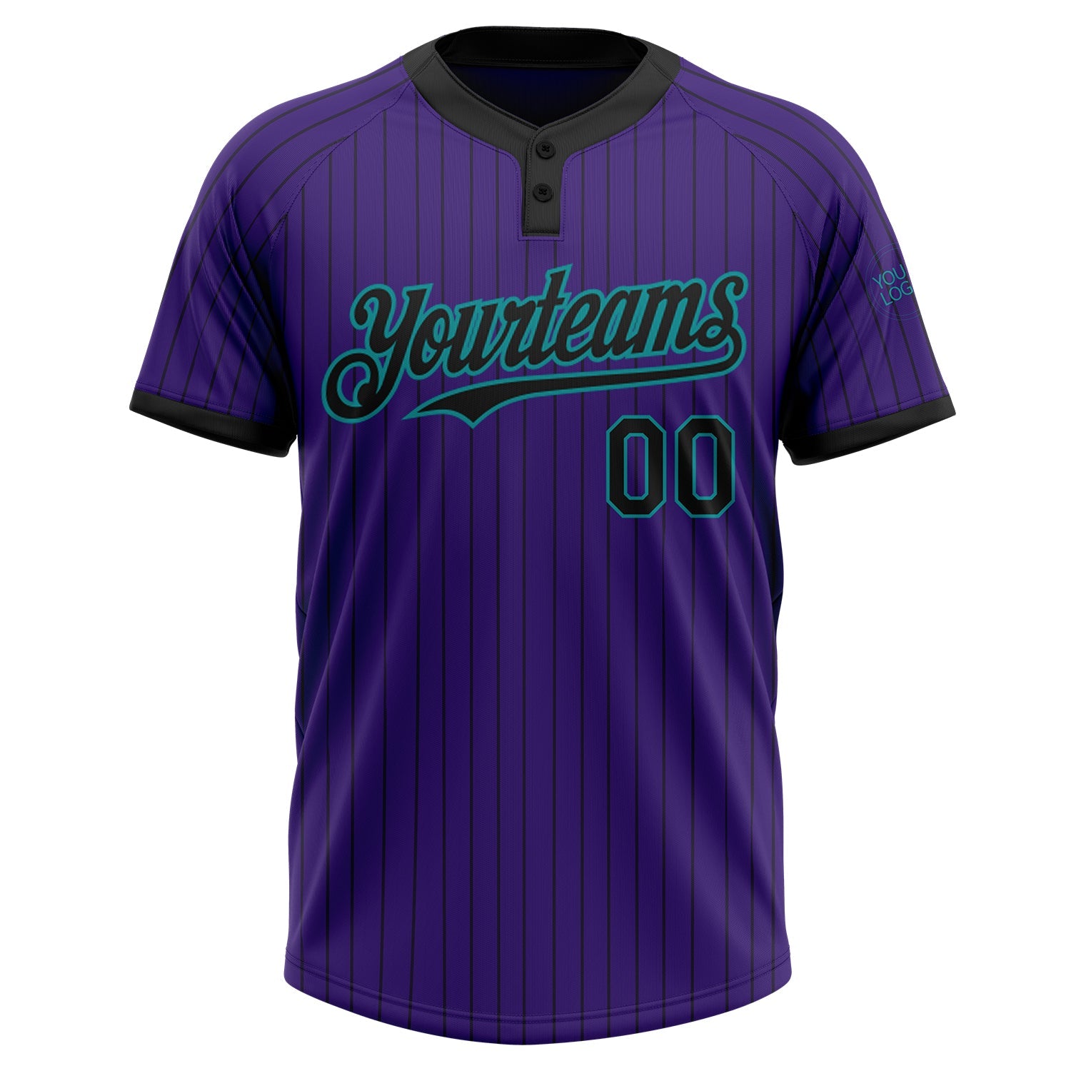 Custom Purple Black Pinstripe Teal Two-Button Unisex Softball Jersey view 2