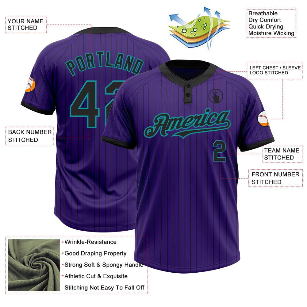 Custom Purple Black Pinstripe Teal Two-Button Unisex Softball Jersey view 3