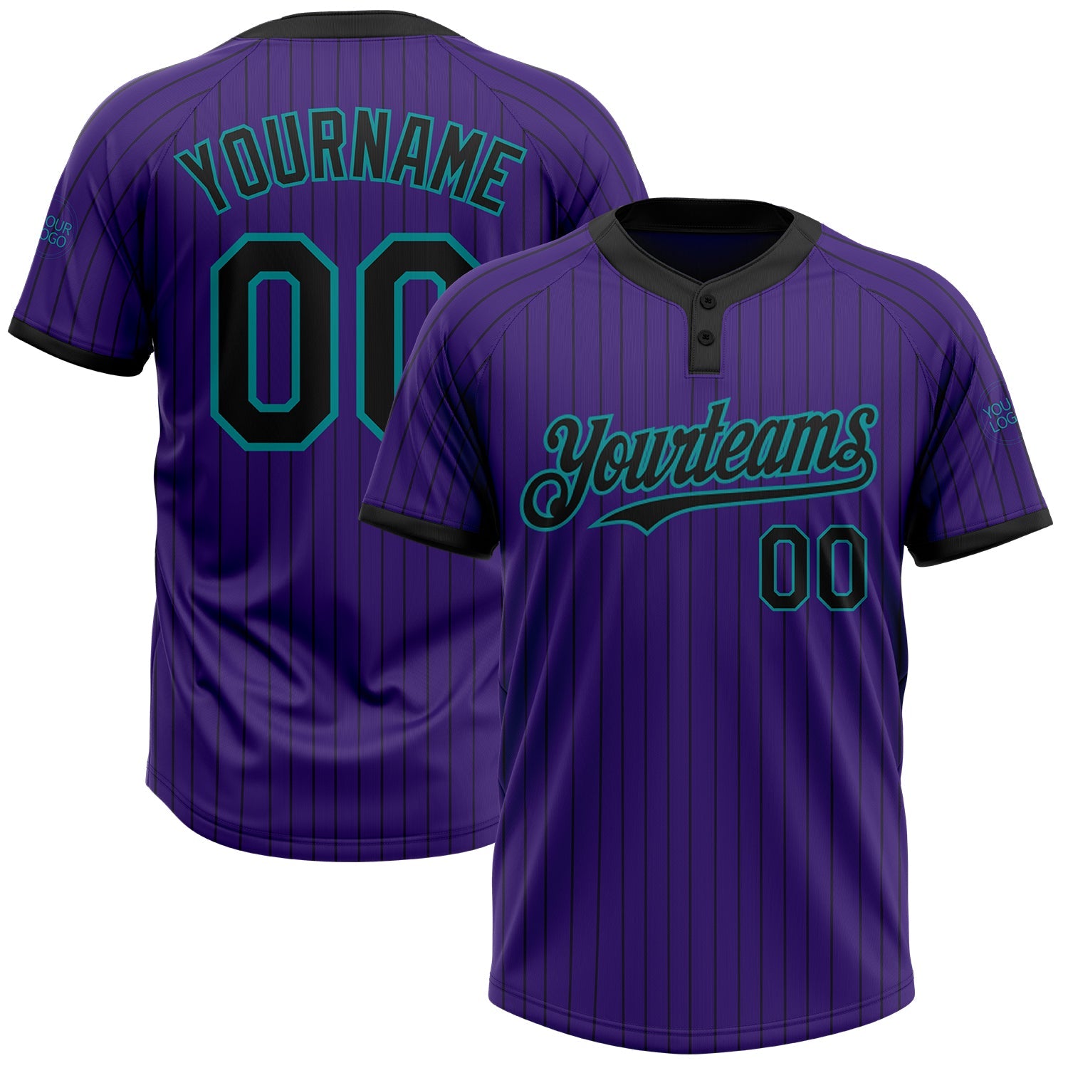 Custom Purple Black Pinstripe Teal Two-Button Unisex Softball Jersey - Main View