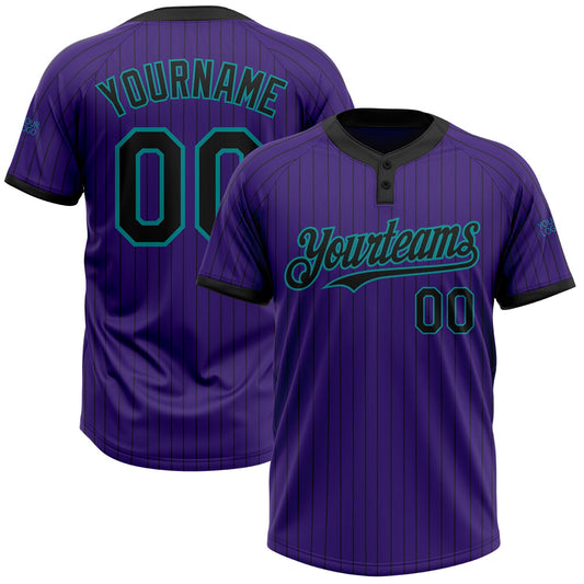 Custom Purple Black Pinstripe Teal Two-Button Unisex Softball Jersey - Main View