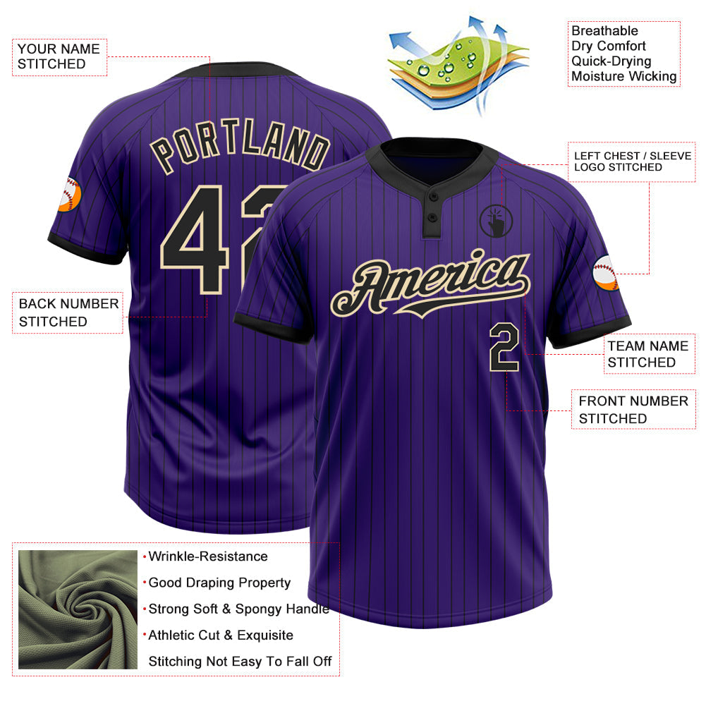 Custom Purple Black Pinstripe Cream Two-Button Unisex Softball Jersey view 3