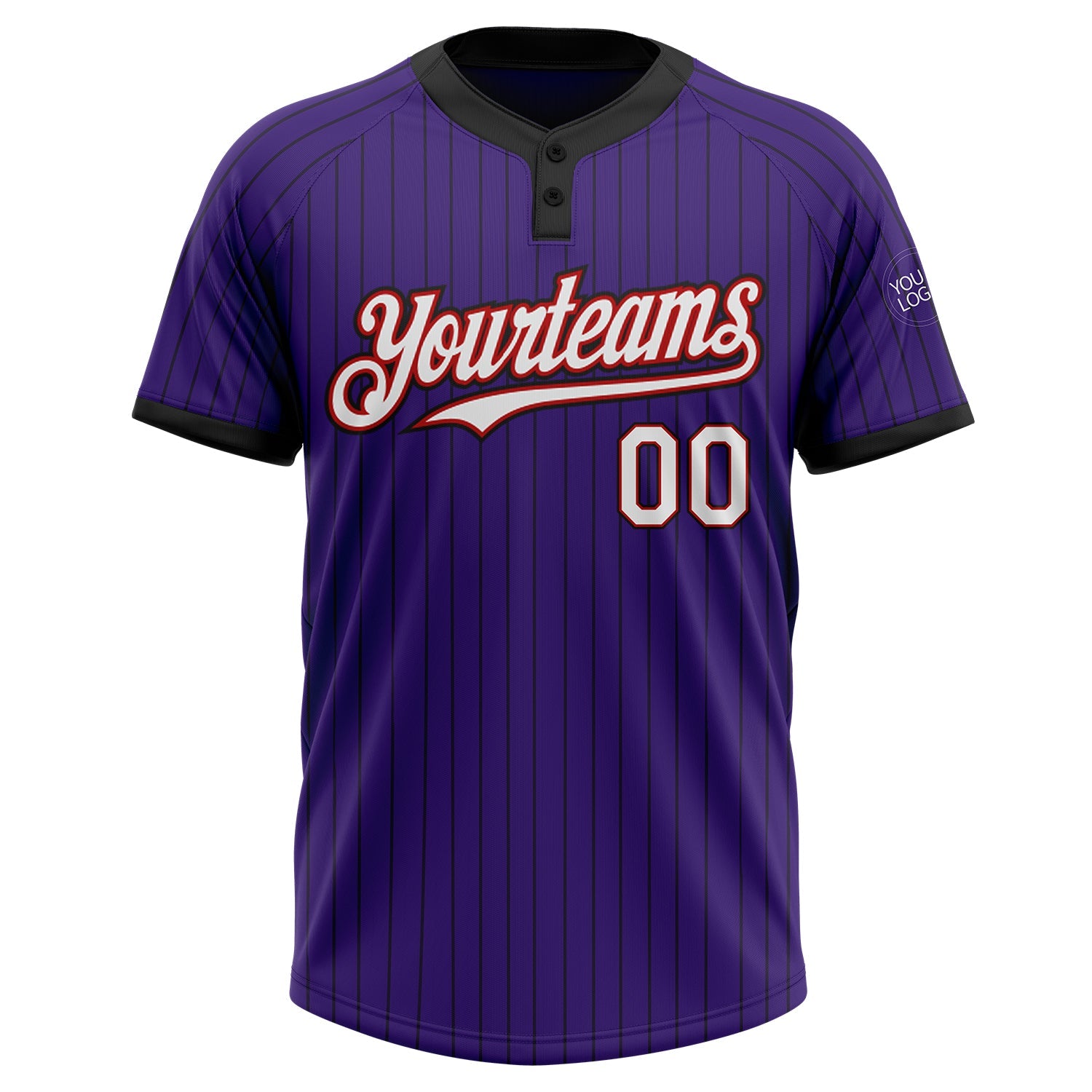 Custom Purple Black Pinstripe White-Red Two-Button Unisex Softball Jersey view 2