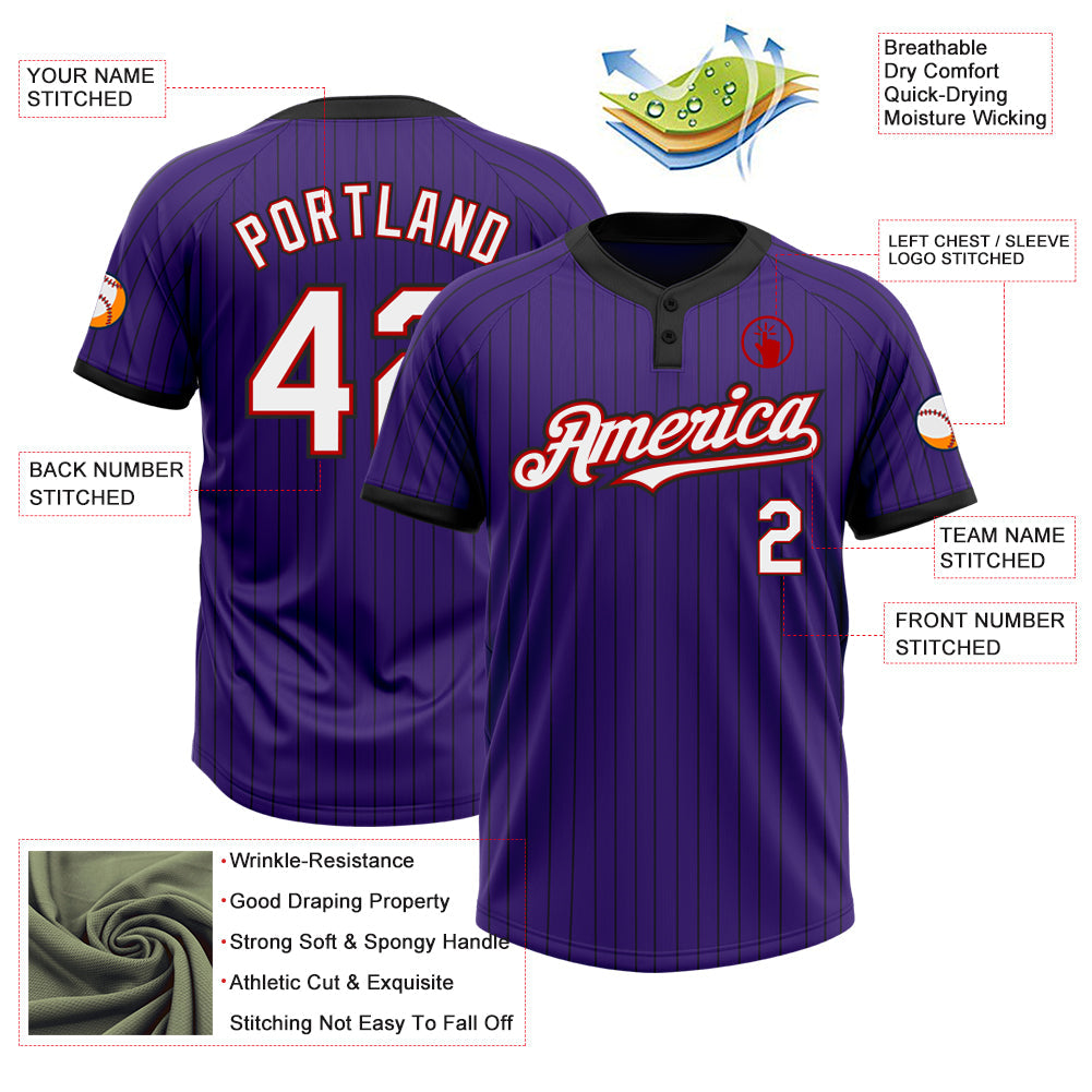 Custom Purple Black Pinstripe White-Red Two-Button Unisex Softball Jersey view 3