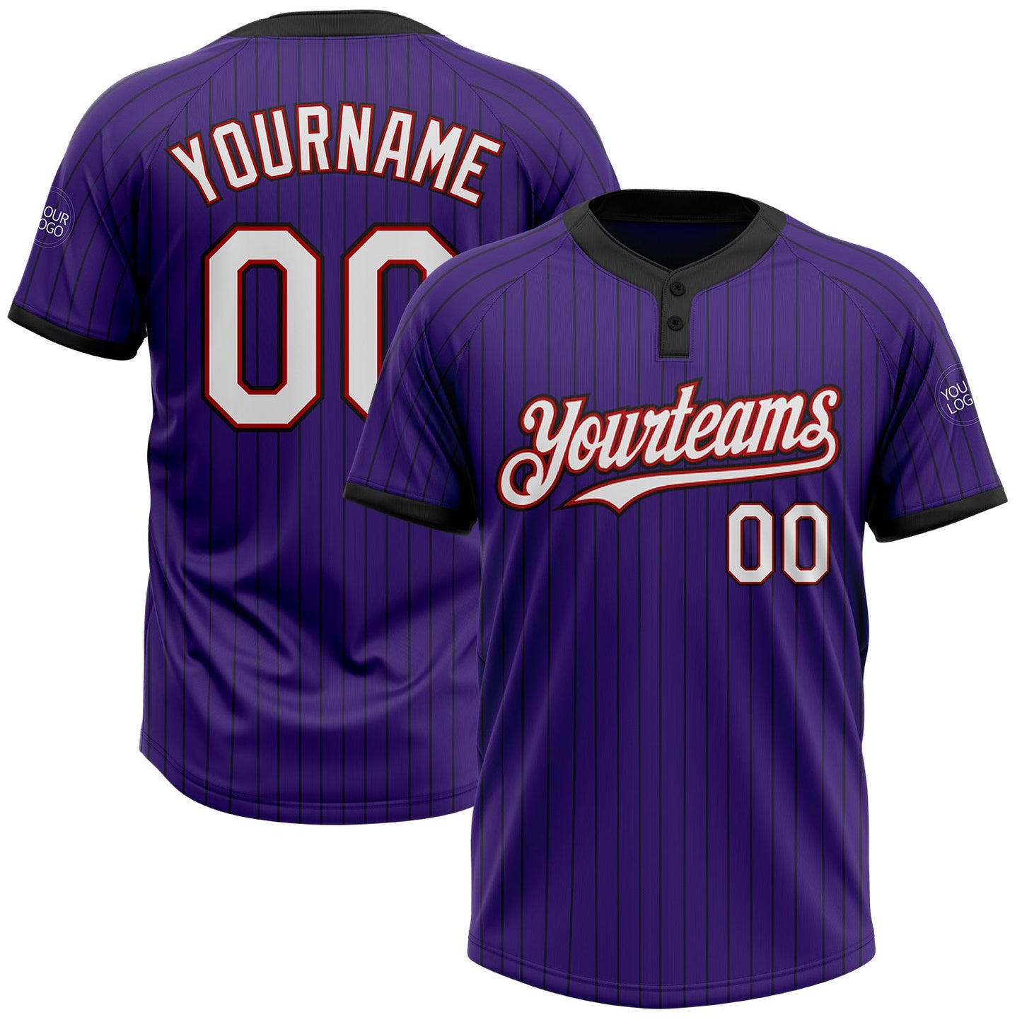 Custom Purple Black Pinstripe White-Red Two-Button Unisex Softball Jersey - Main View