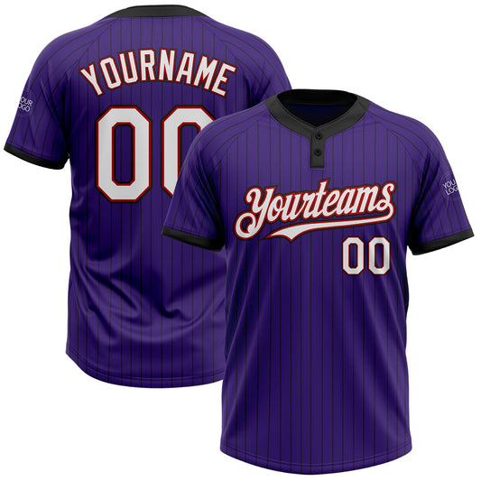 Custom Purple Black Pinstripe White-Red Two-Button Unisex Softball Jersey - Main View