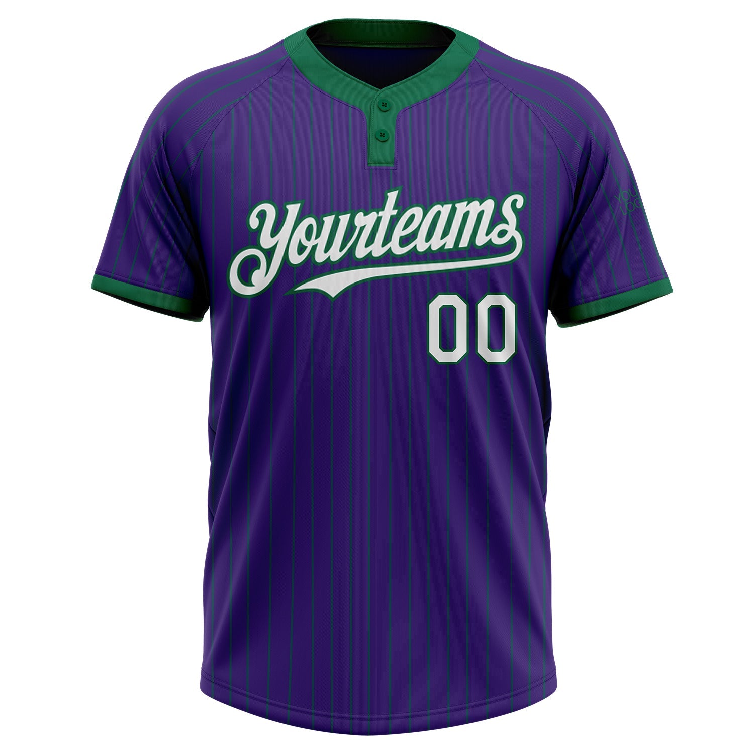 Custom Purple Kelly Green Pinstripe White Two-Button Unisex Softball Jersey view 2