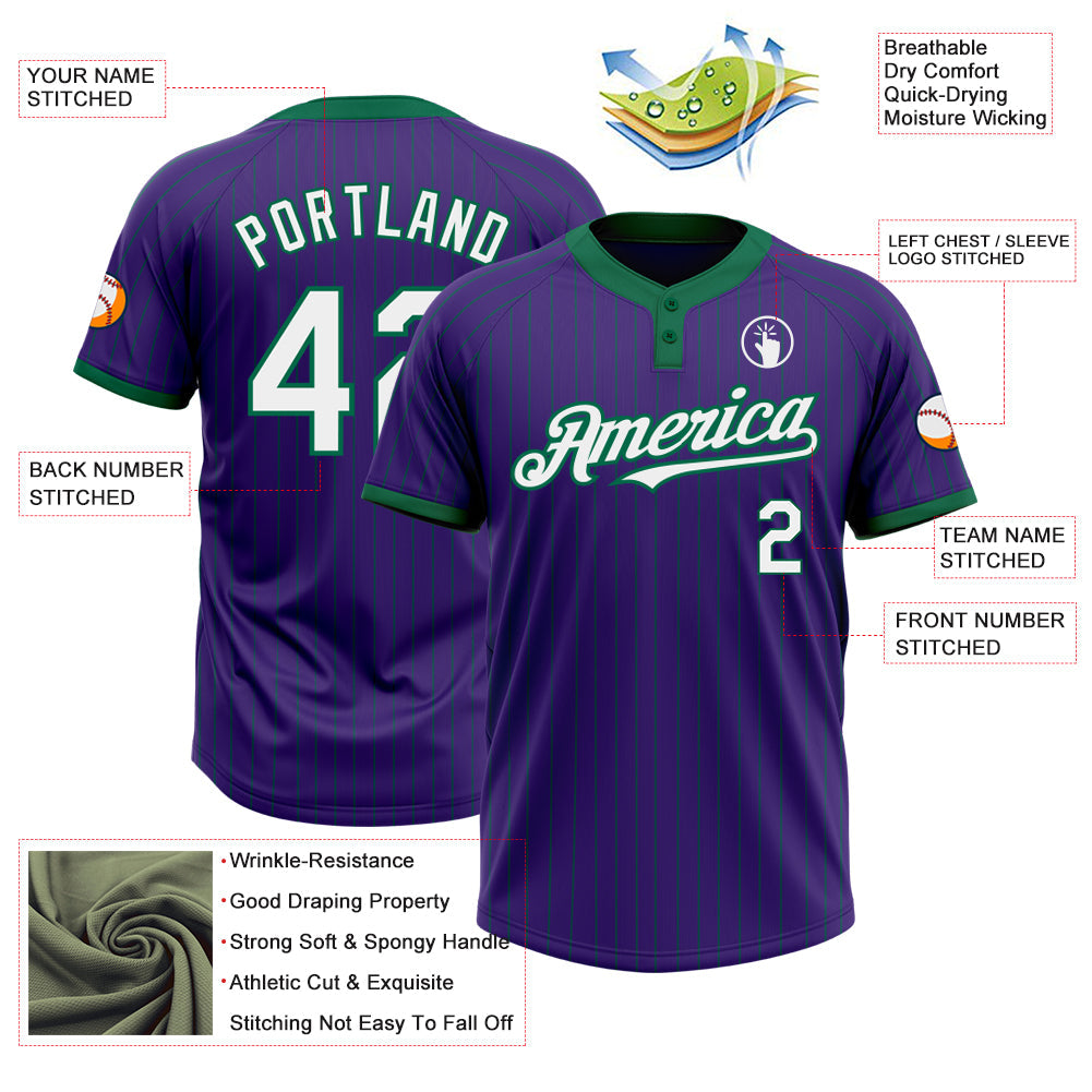 Custom Purple Kelly Green Pinstripe White Two-Button Unisex Softball Jersey view 3