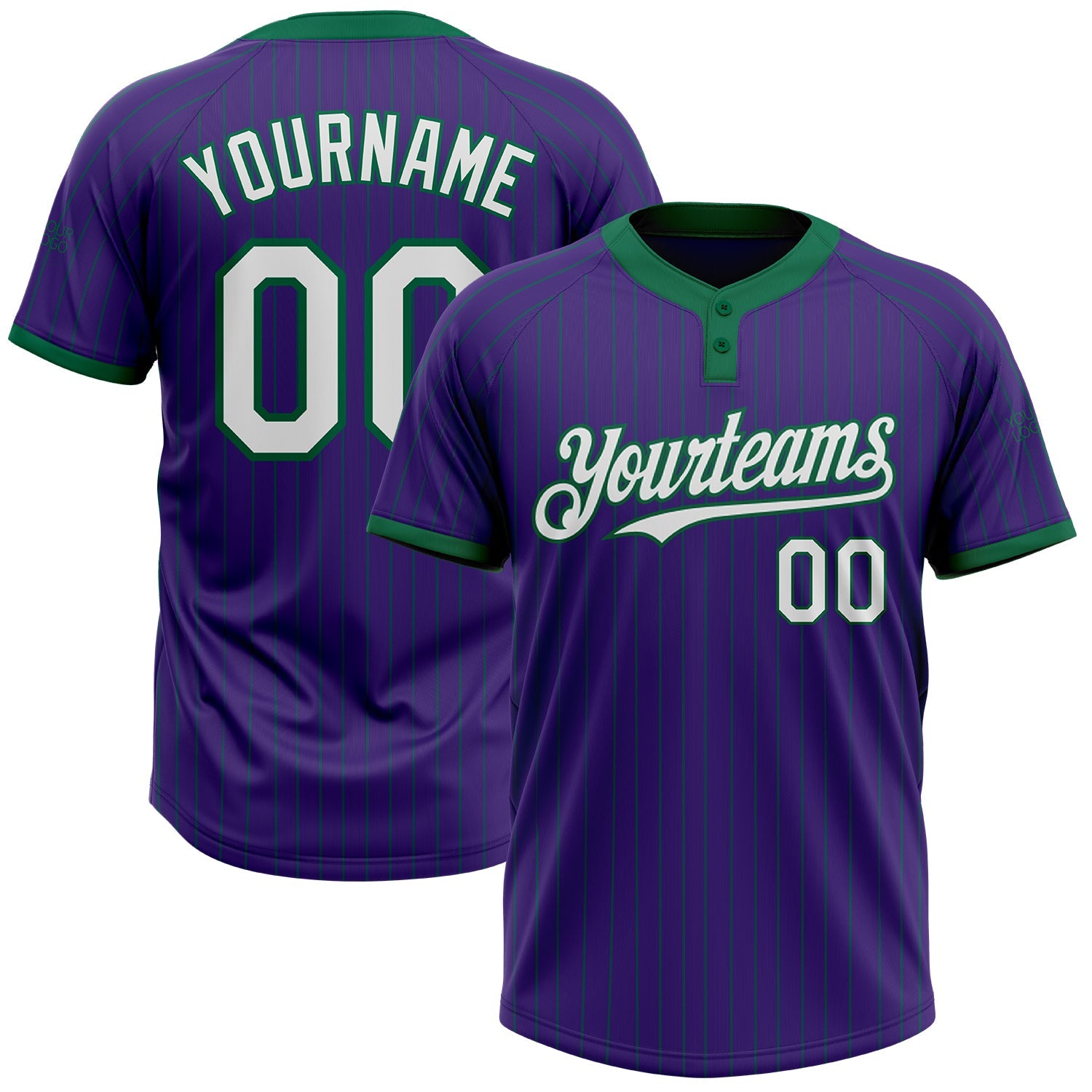 Custom Purple Kelly Green Pinstripe White Two-Button Unisex Softball Jersey - Main View