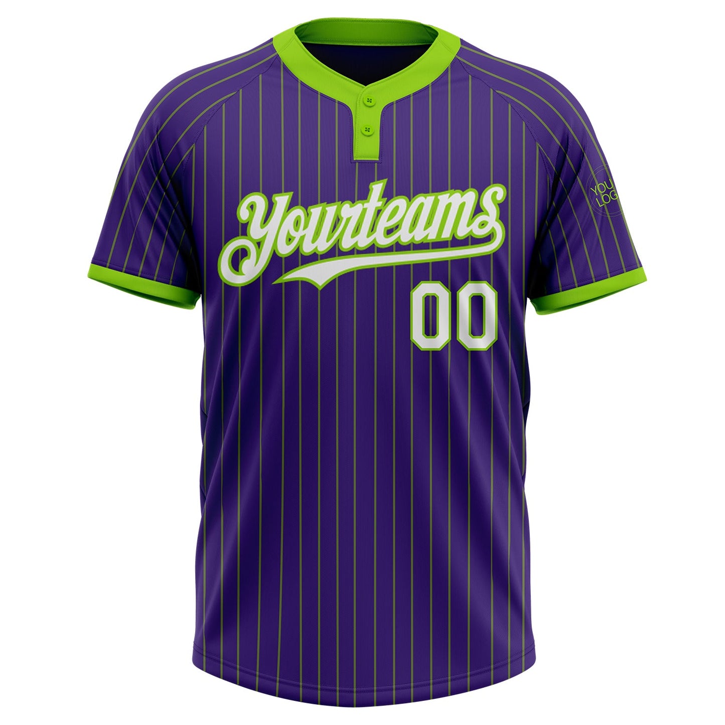 Custom Purple Neon Green Pinstripe White Two-Button Unisex Softball Jersey view 2