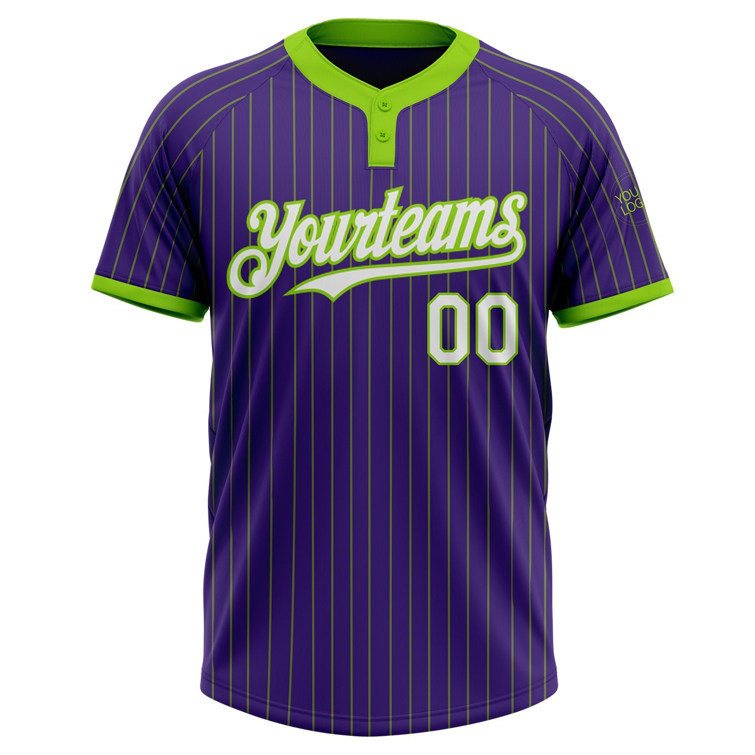 Custom Purple Neon Green Pinstripe White Two-Button Unisex Softball Jersey view 2