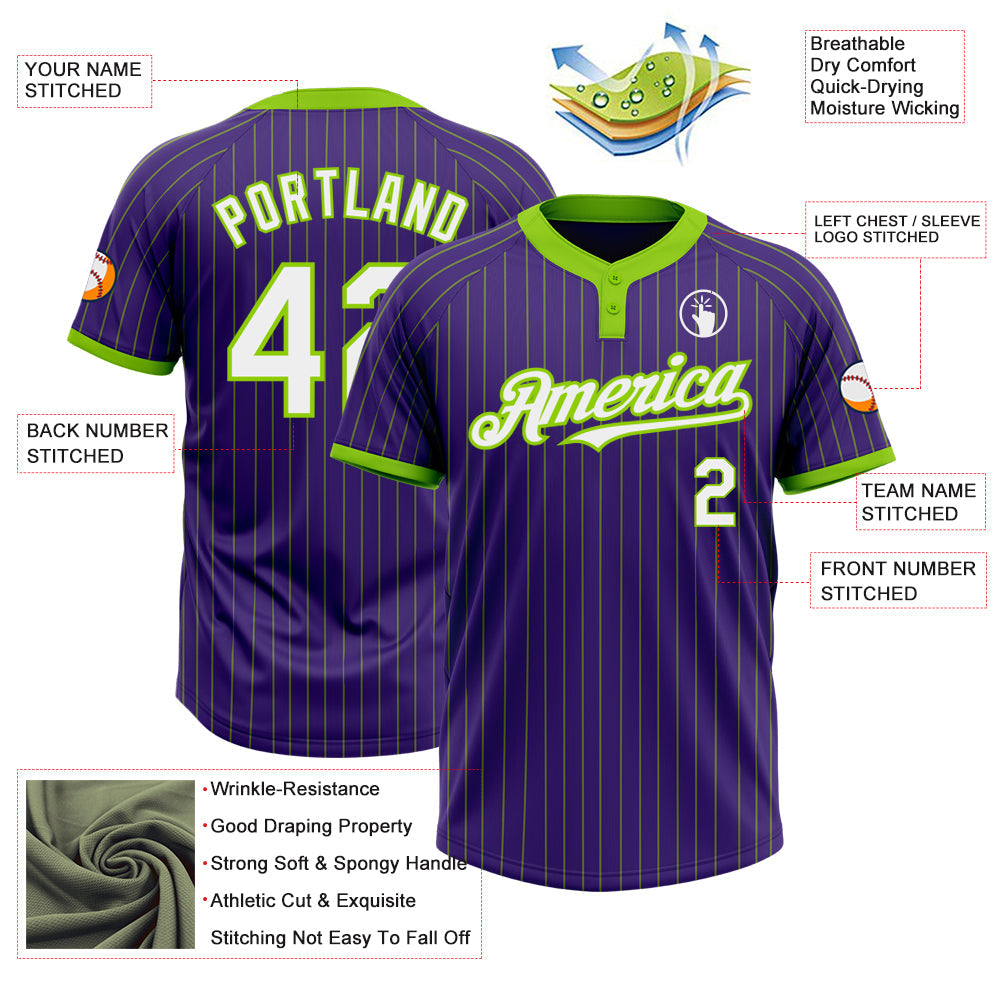 Custom Purple Neon Green Pinstripe White Two-Button Unisex Softball Jersey view 3