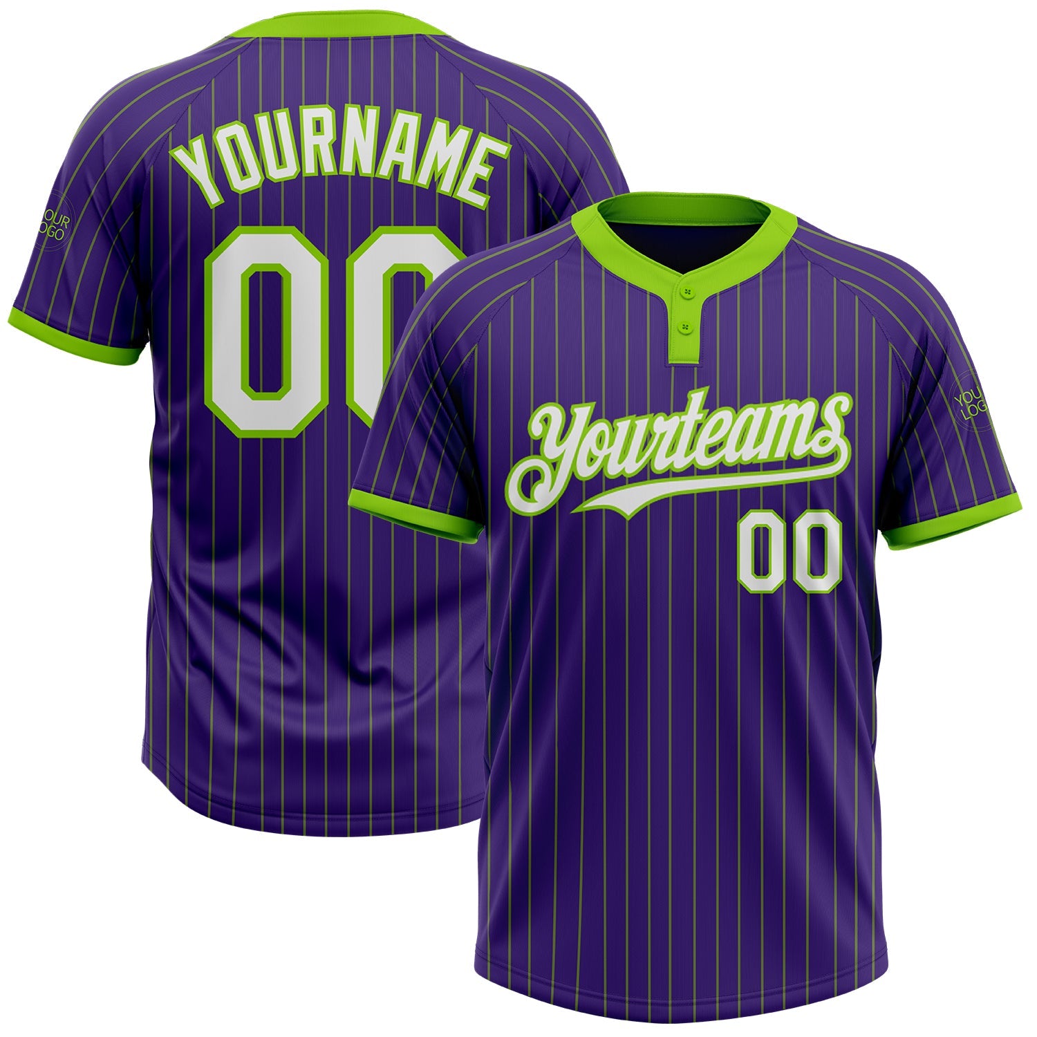 Custom Purple Neon Green Pinstripe White Two-Button Unisex Softball Jersey - Main View