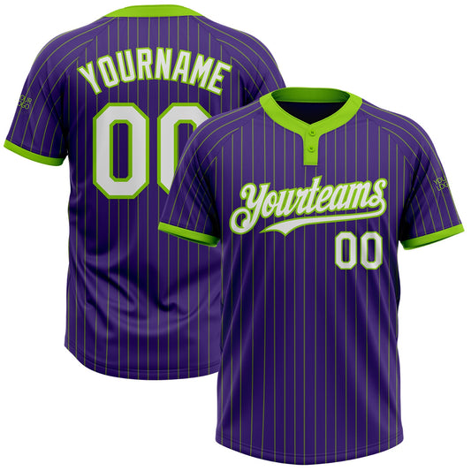 Custom Purple Neon Green Pinstripe White Two-Button Unisex Softball Jersey - Main View