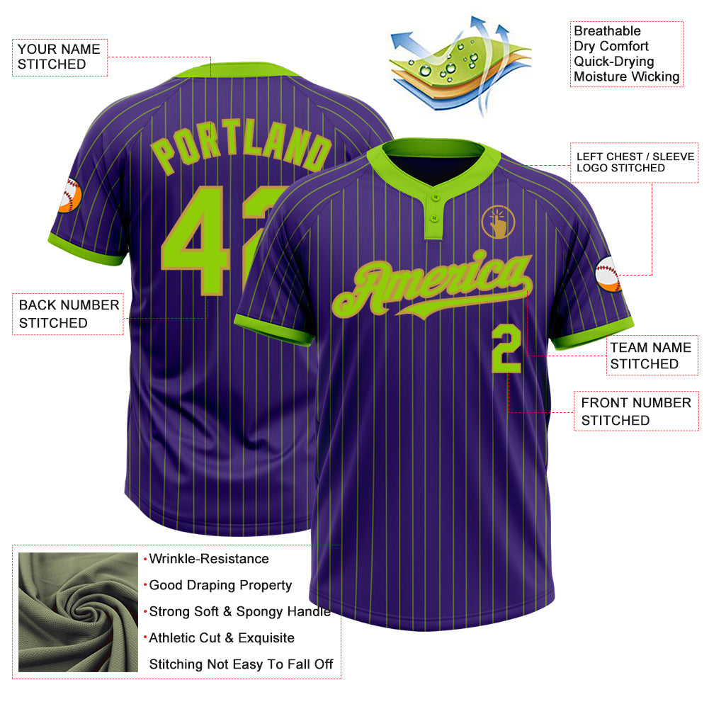 Custom Purple Neon Green Pinstripe Old Gold Two-Button Unisex Softball Jersey view 3