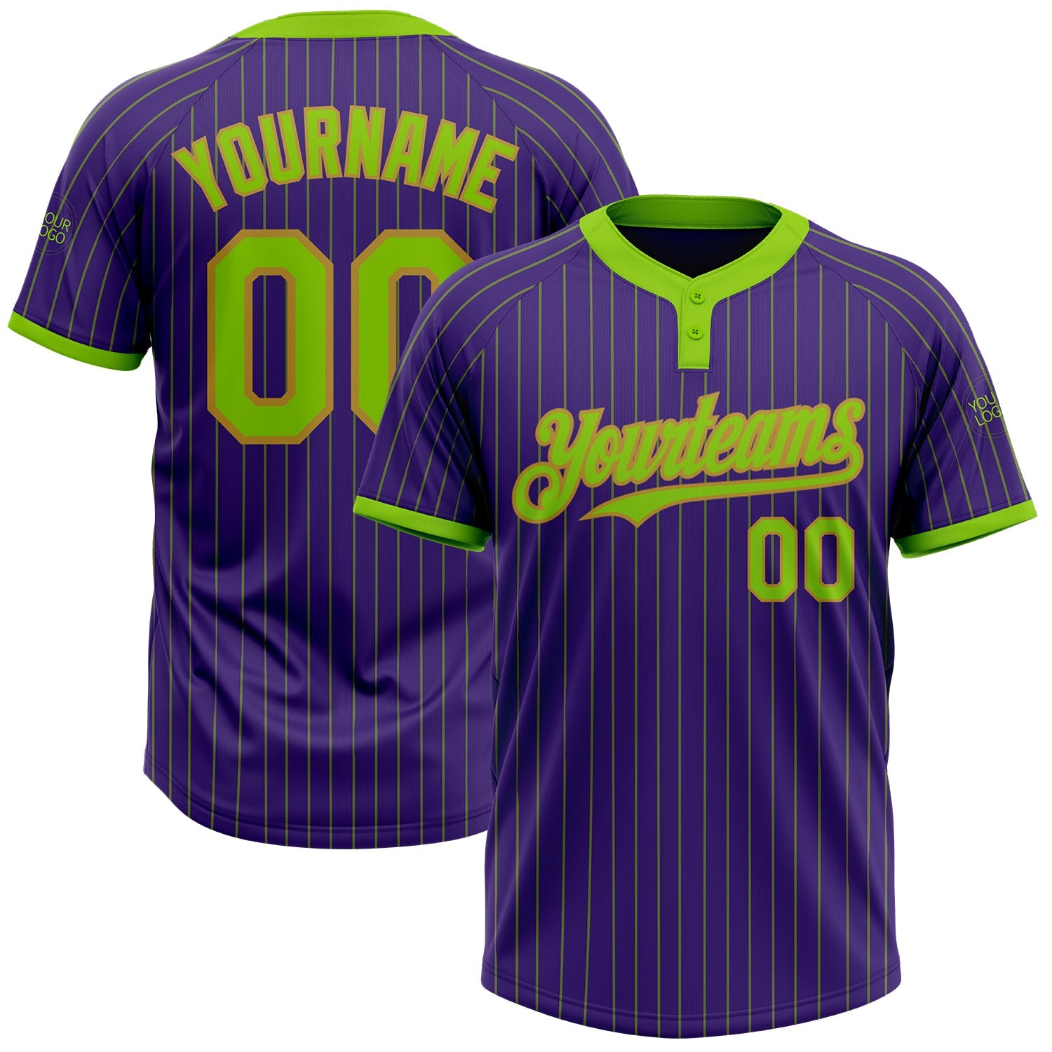 Custom Purple Neon Green Pinstripe Old Gold Two-Button Unisex Softball Jersey - Main View