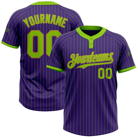 Custom Purple Neon Green Pinstripe Old Gold Two-Button Unisex Softball Jersey - Main View