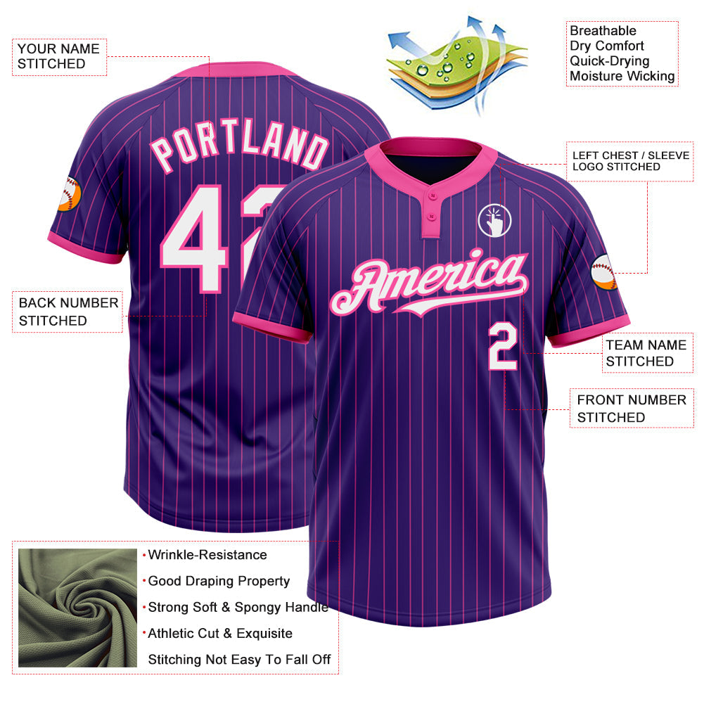 Custom Purple Pink Pinstripe White Two-Button Unisex Softball Jersey view 3