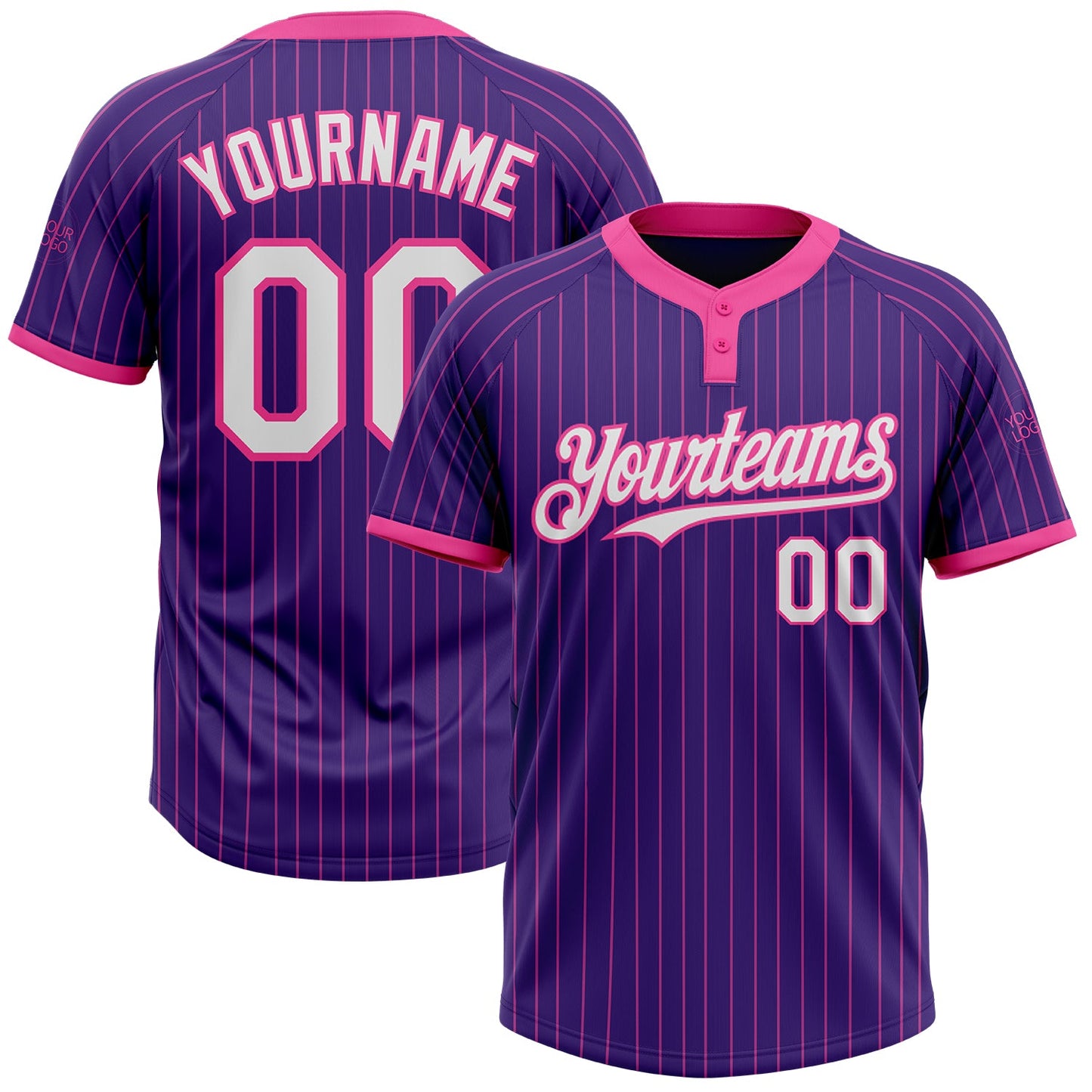 Custom Purple Pink Pinstripe White Two-Button Unisex Softball Jersey - Main View