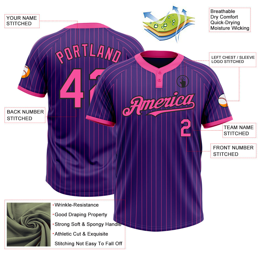 Custom Purple Pink Pinstripe Black Two-Button Unisex Softball Jersey view 3