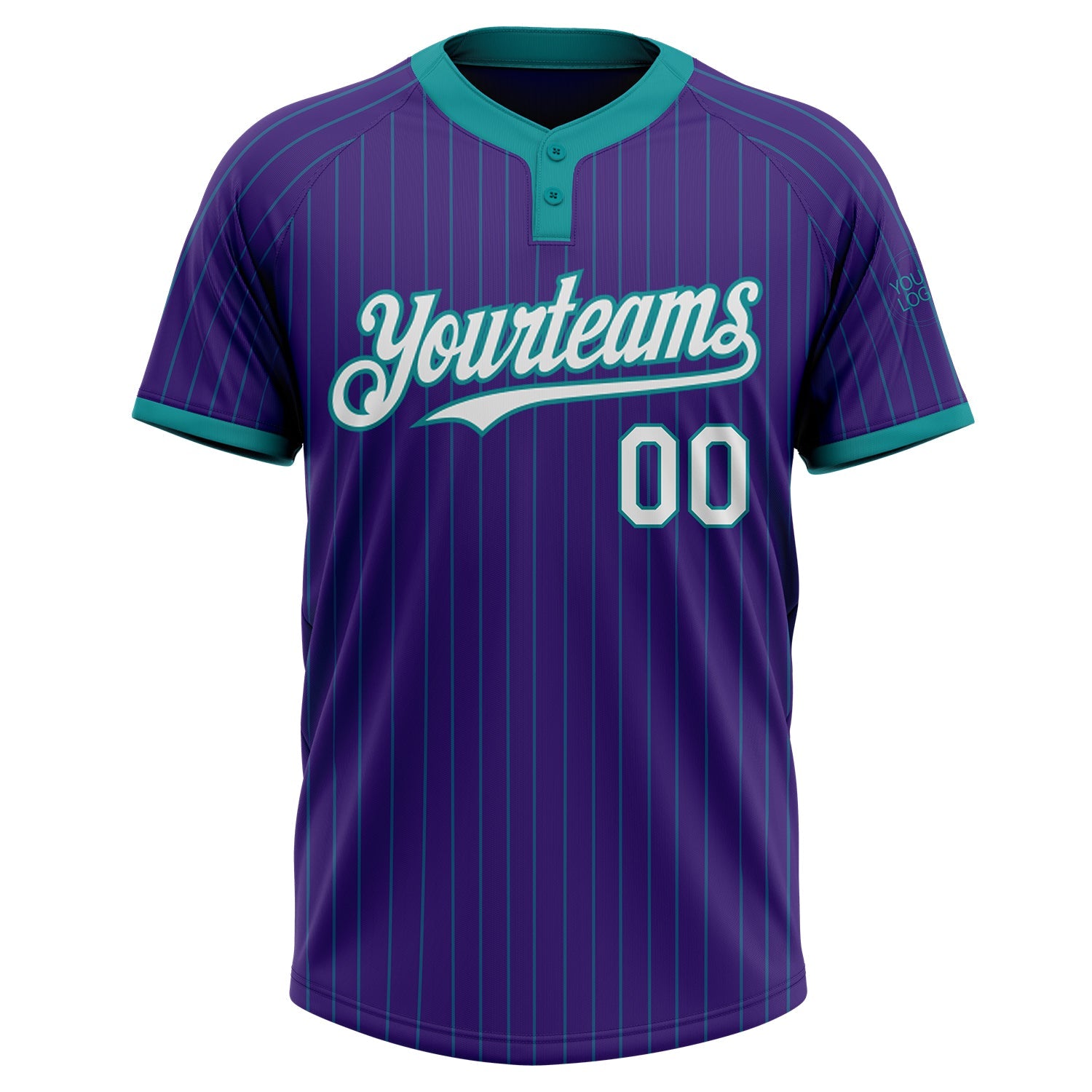 Custom Purple Teal Pinstripe White Two-Button Unisex Softball Jersey view 2