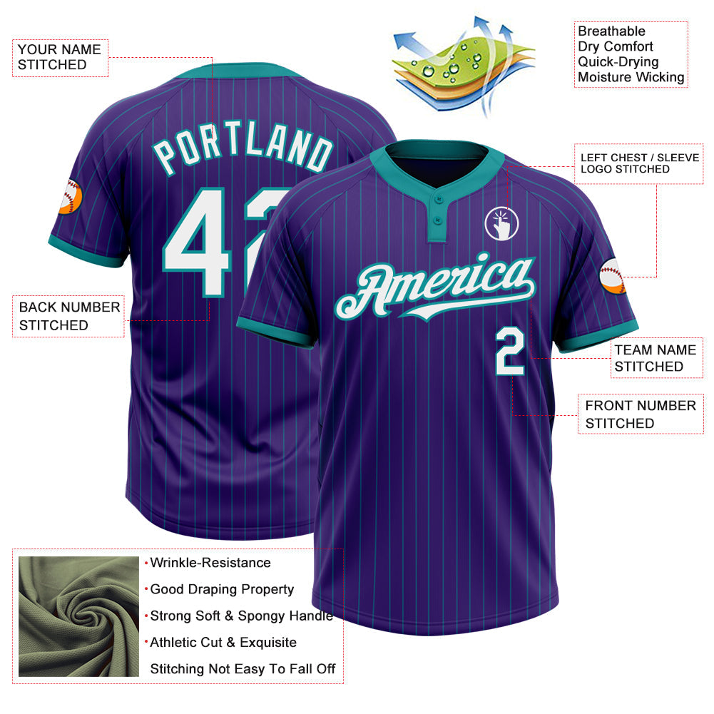 Custom Purple Teal Pinstripe White Two-Button Unisex Softball Jersey view 3