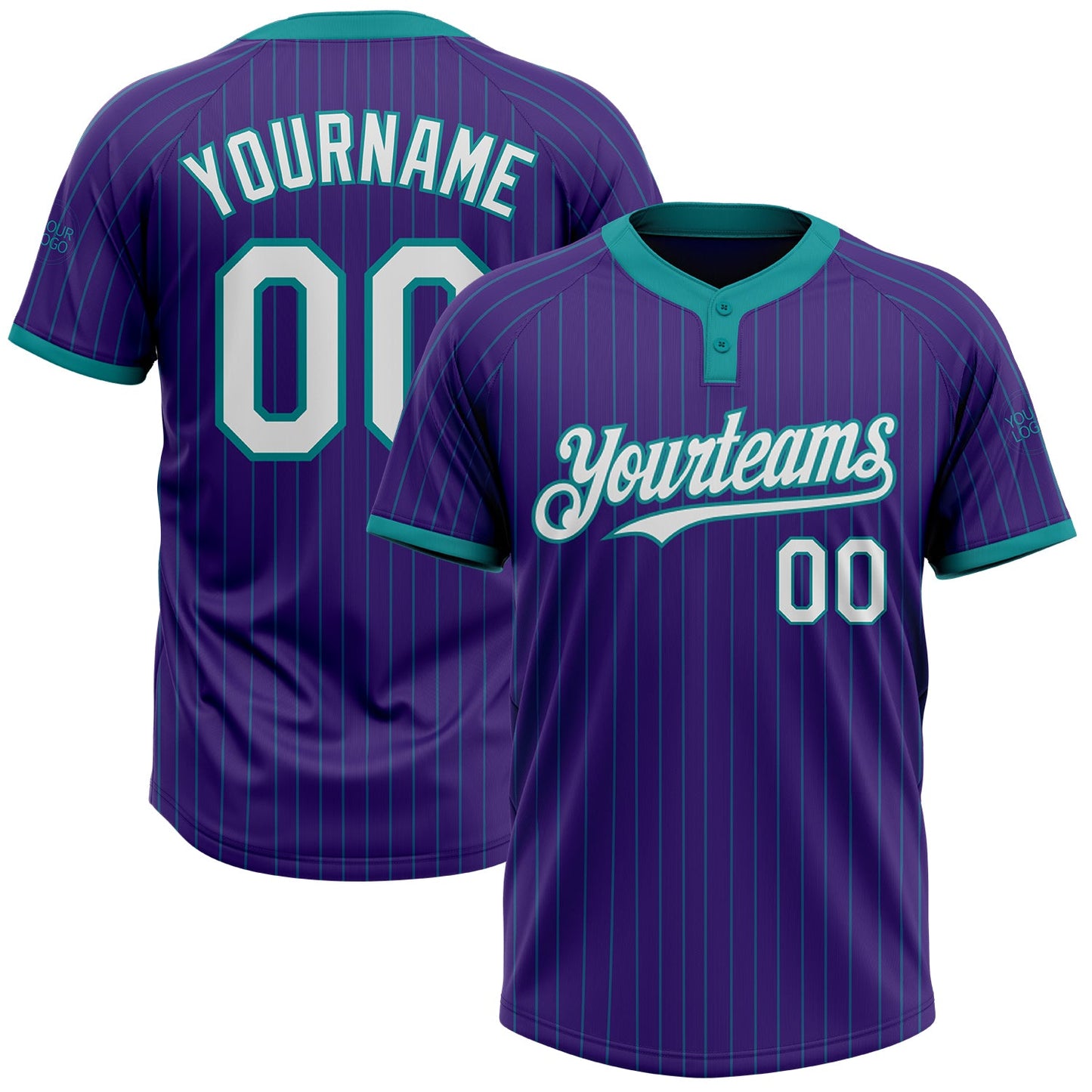 Custom Purple Teal Pinstripe White Two-Button Unisex Softball Jersey - Main View