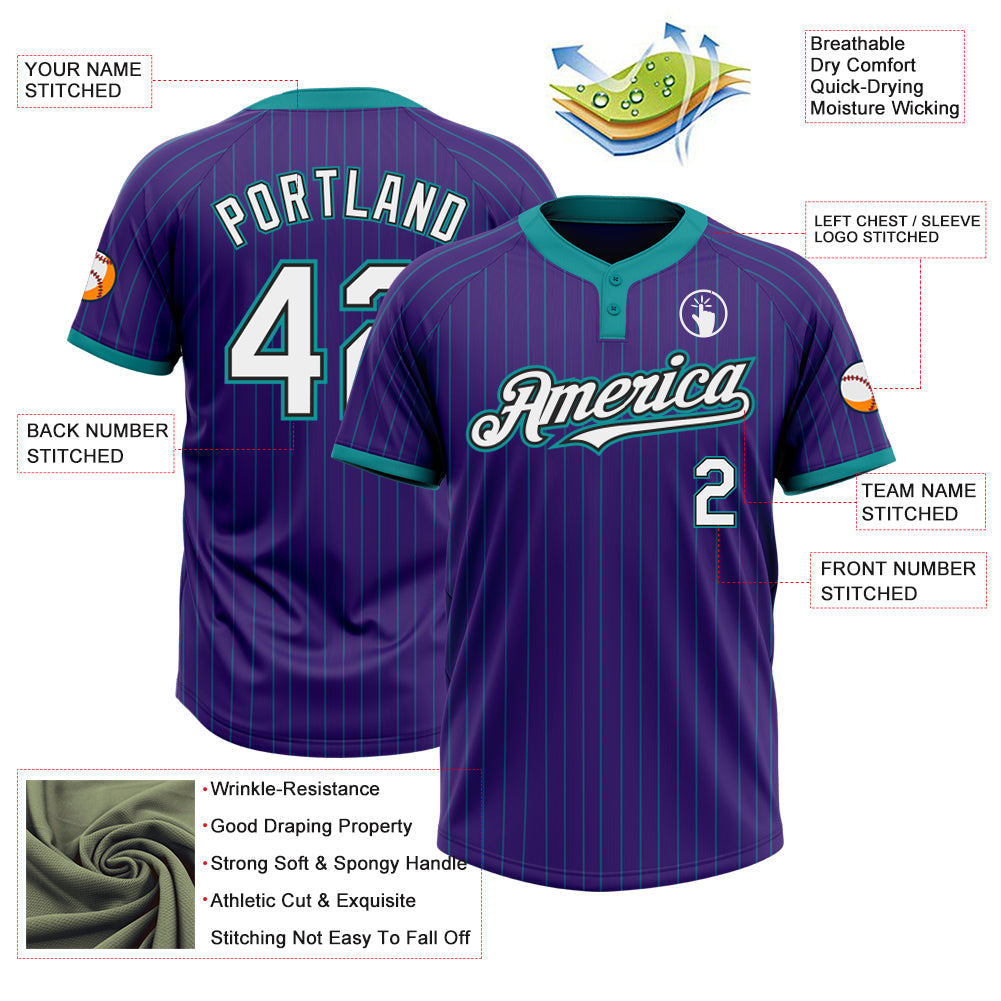 Custom Purple Teal Pinstripe White-Black Two-Button Unisex Softball Jersey view 3