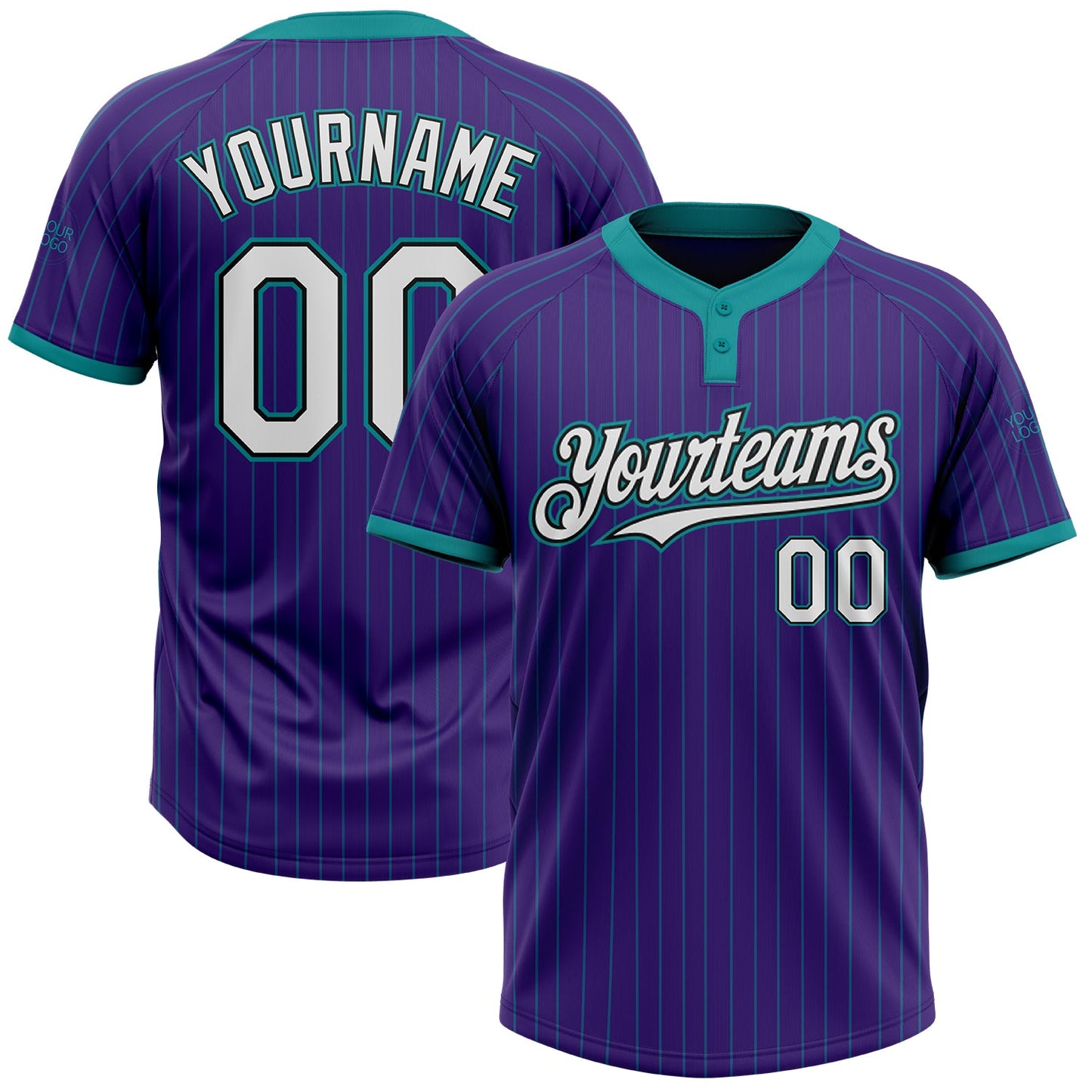 Custom Purple Teal Pinstripe White-Black Two-Button Unisex Softball Jersey - Main View