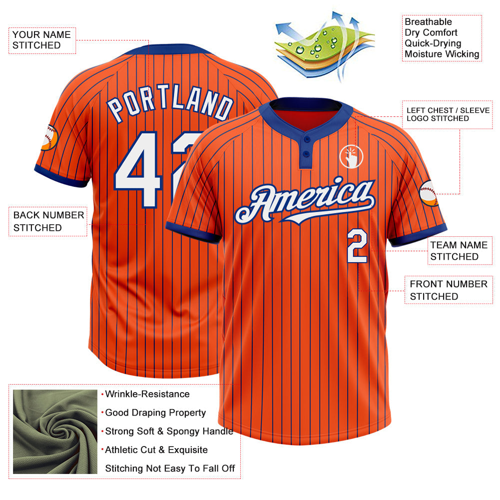 Custom Orange Royal Pinstripe White Two-Button Unisex Softball Jersey view 3