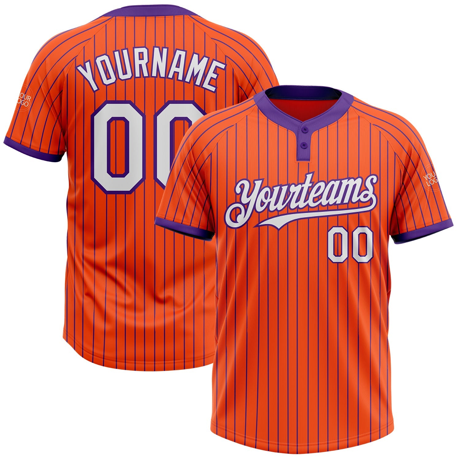 Custom Orange Purple Pinstripe White Two-Button Unisex Softball Jersey - Main View
