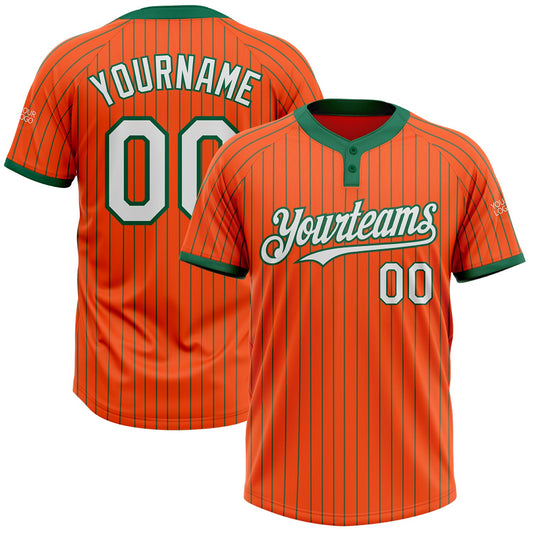 Custom Orange Kelly Green Pinstripe White Two-Button Unisex Softball Jersey - Main View