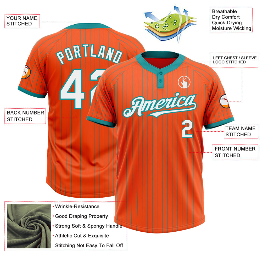 Custom Orange Teal Pinstripe White Two-Button Unisex Softball Jersey view 3