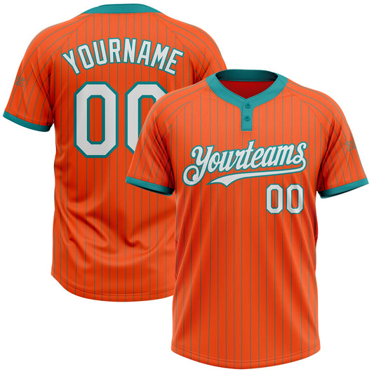 Custom Orange Teal Pinstripe White Two-Button Unisex Softball Jersey - Main View