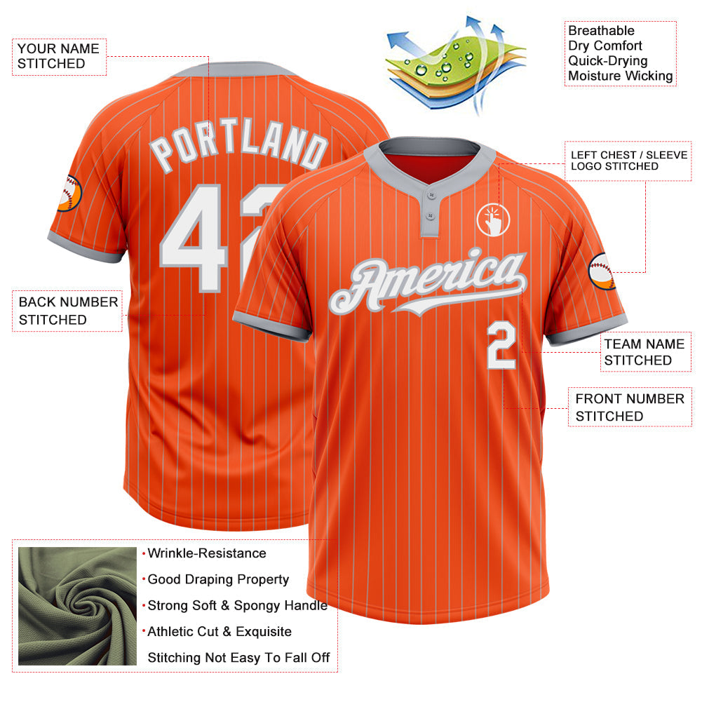 Custom Orange Gray Pinstripe White Two-Button Unisex Softball Jersey view 3