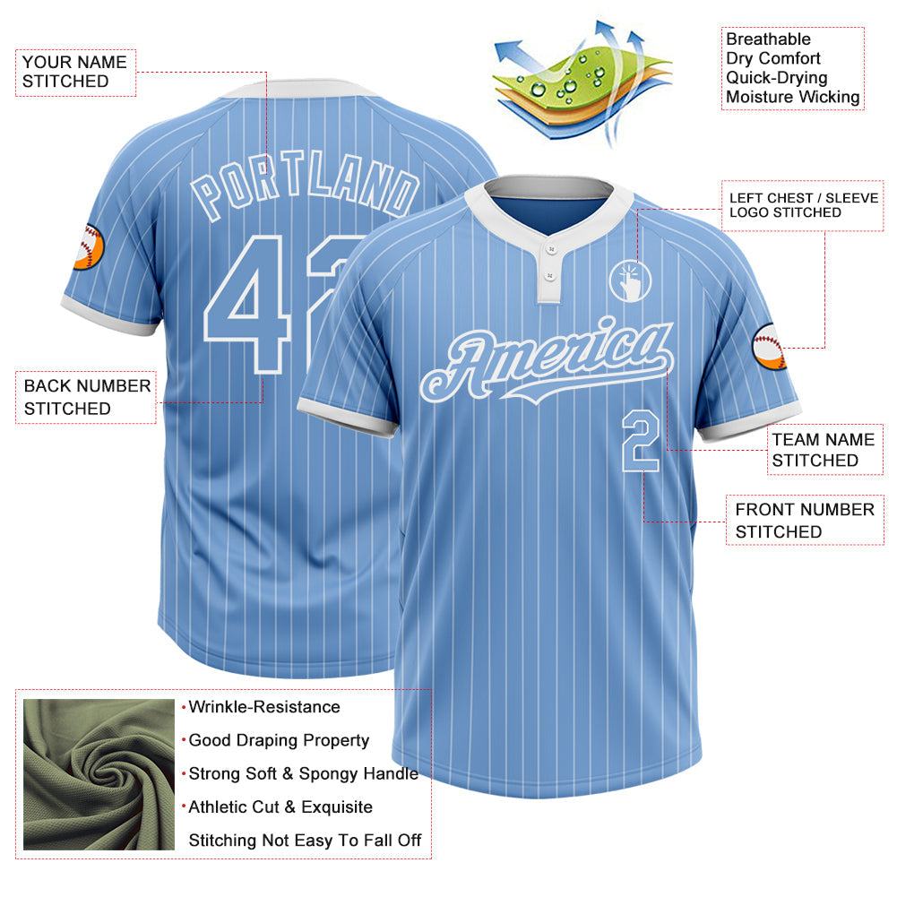 Custom Light Blue White Pinstripe White Two-Button Unisex Softball Jersey view 3