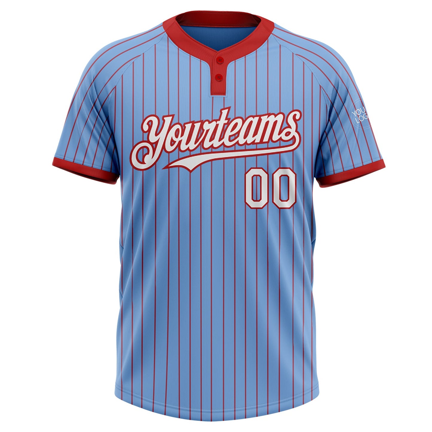 Custom Light Blue Red Pinstripe White Two-Button Unisex Softball Jersey view 2