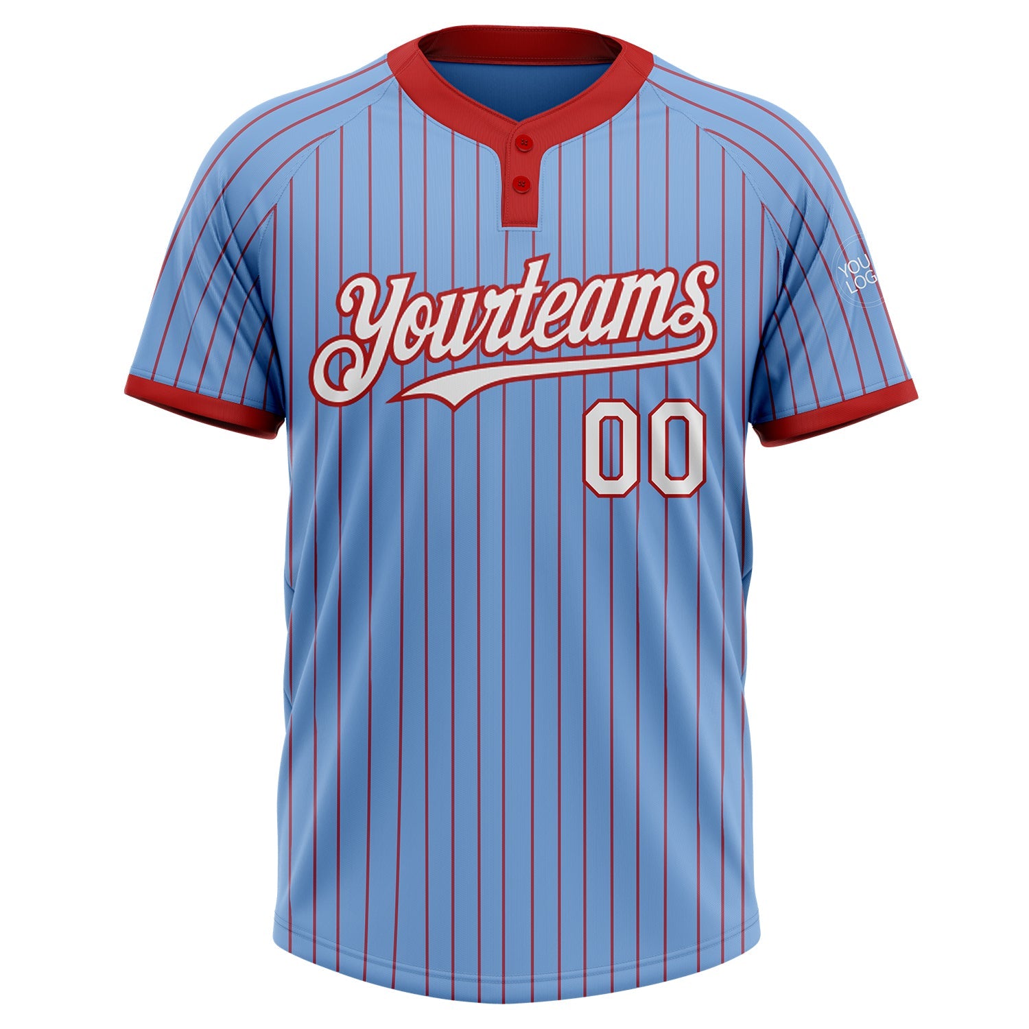 Custom Light Blue Red Pinstripe White Two-Button Unisex Softball Jersey view 2