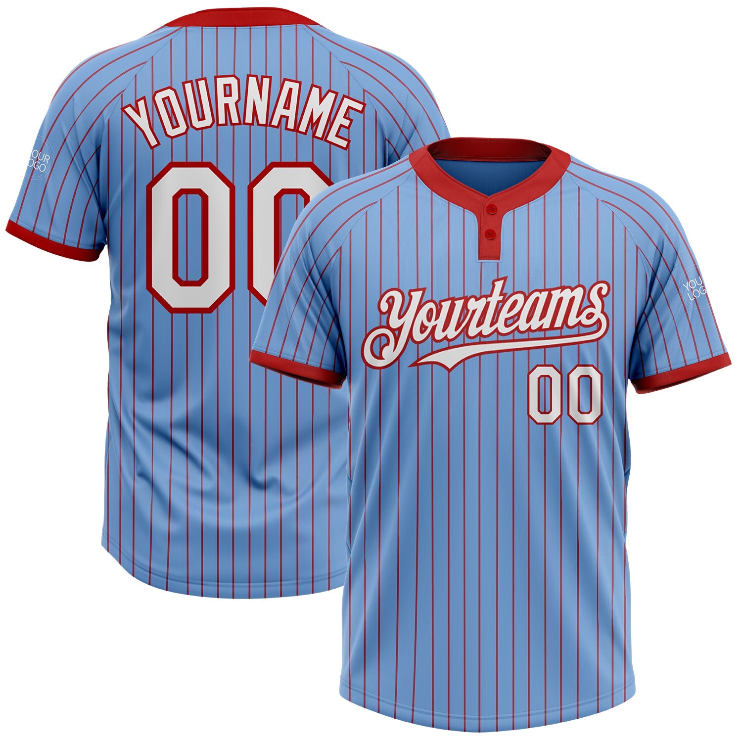 Custom Light Blue Red Pinstripe White Two-Button Unisex Softball Jersey - Main View