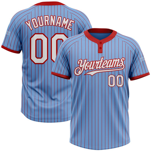 Custom Light Blue Red Pinstripe White Two-Button Unisex Softball Jersey - Main View
