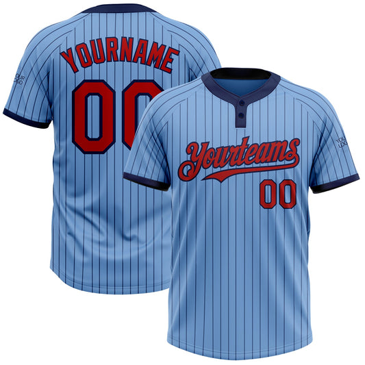 Custom Light Blue Navy Pinstripe Red Two-Button Unisex Softball Jersey - Main View