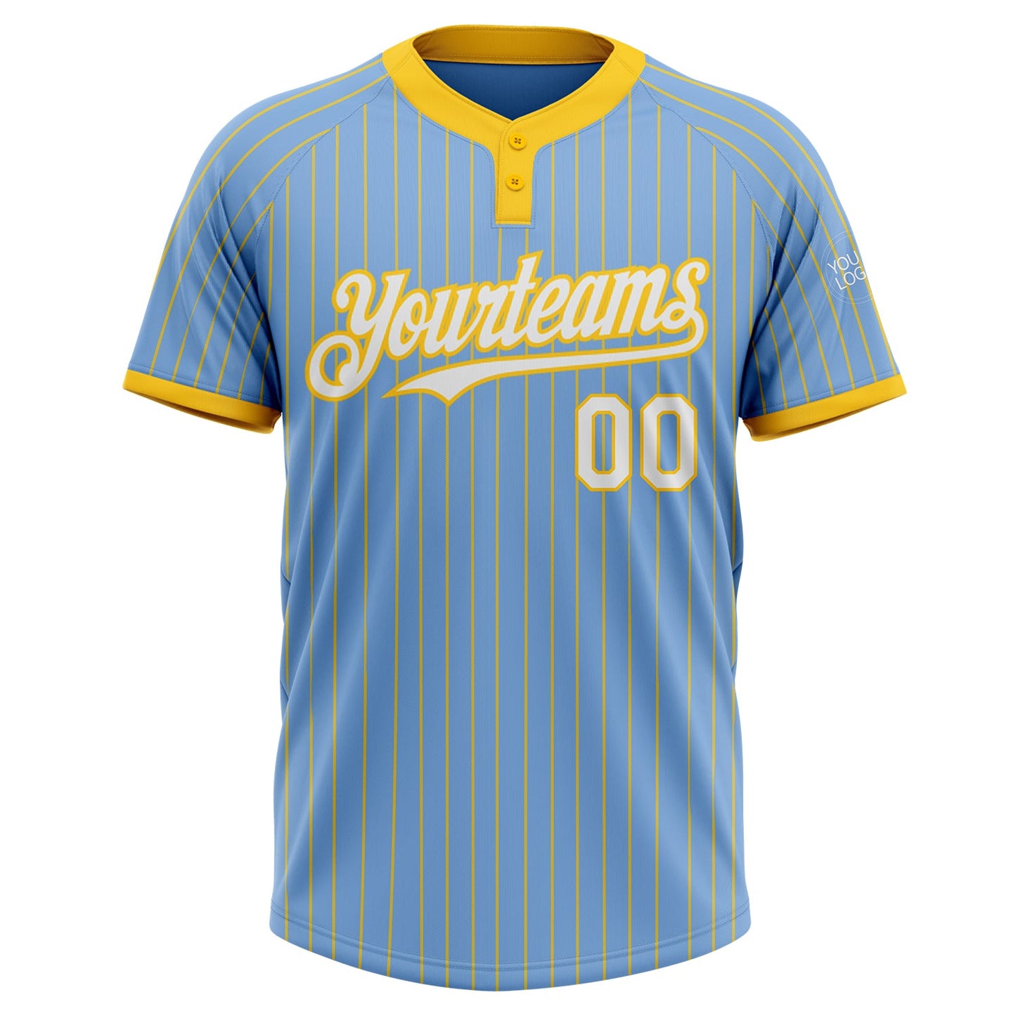 Custom Light Blue Yellow Pinstripe White Two-Button Unisex Softball Jersey view 2
