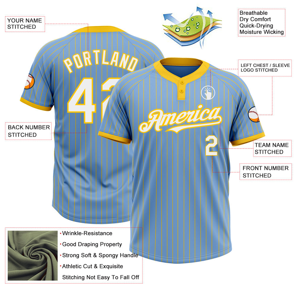 Custom Light Blue Yellow Pinstripe White Two-Button Unisex Softball Jersey view 3