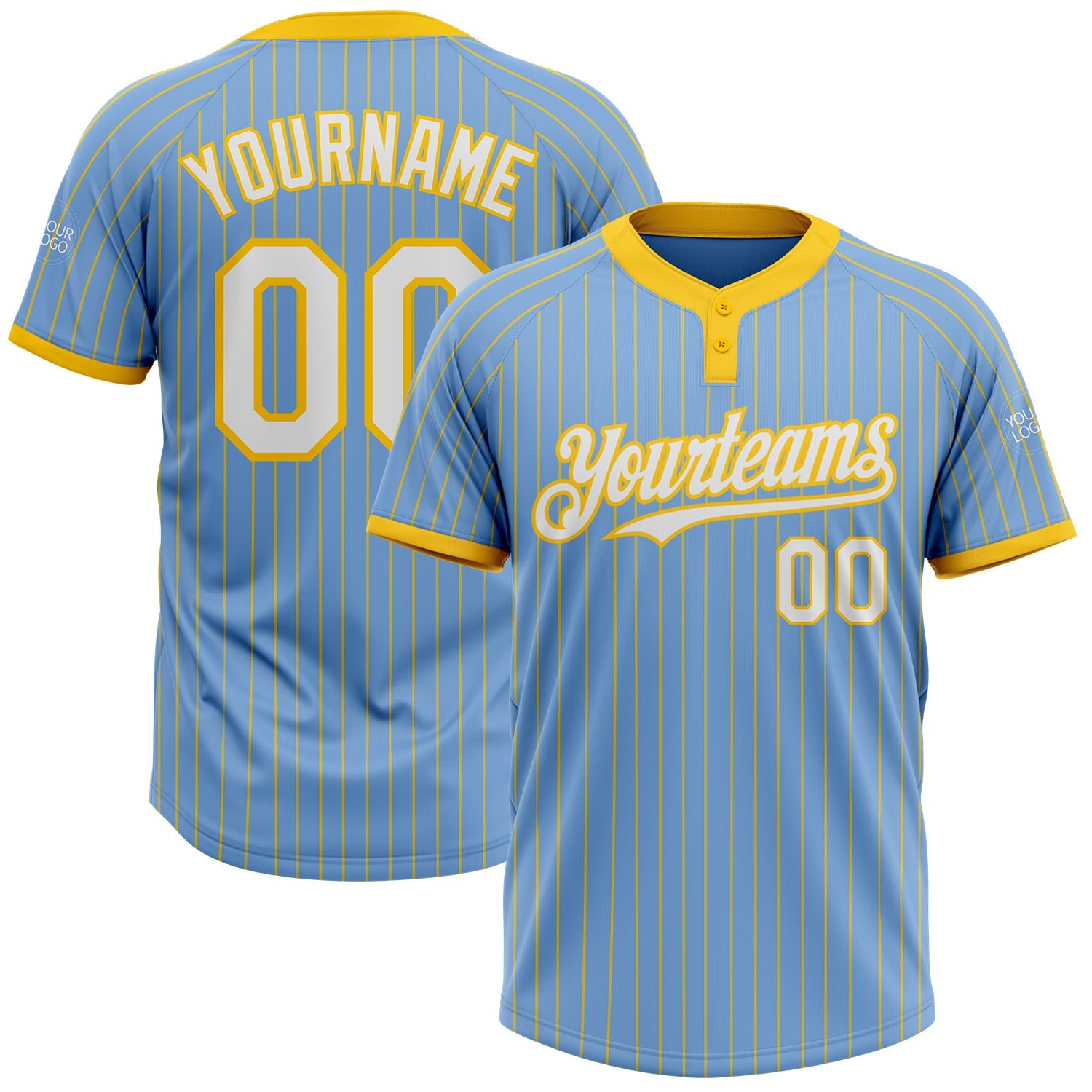 Custom Light Blue Yellow Pinstripe White Two-Button Unisex Softball Jersey - Main View