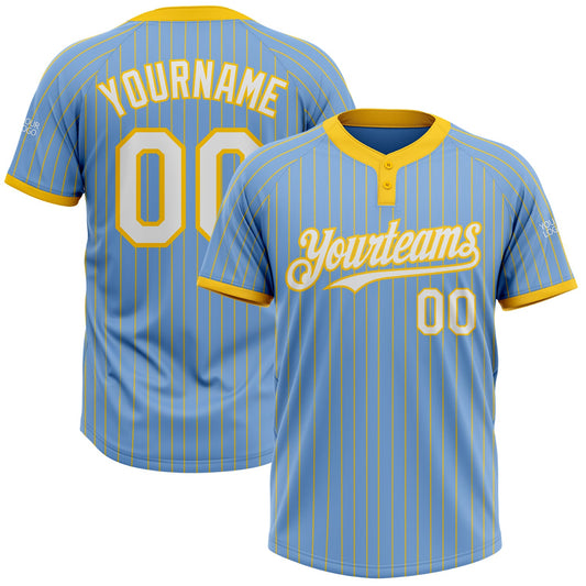 Custom Light Blue Yellow Pinstripe White Two-Button Unisex Softball Jersey - Main View