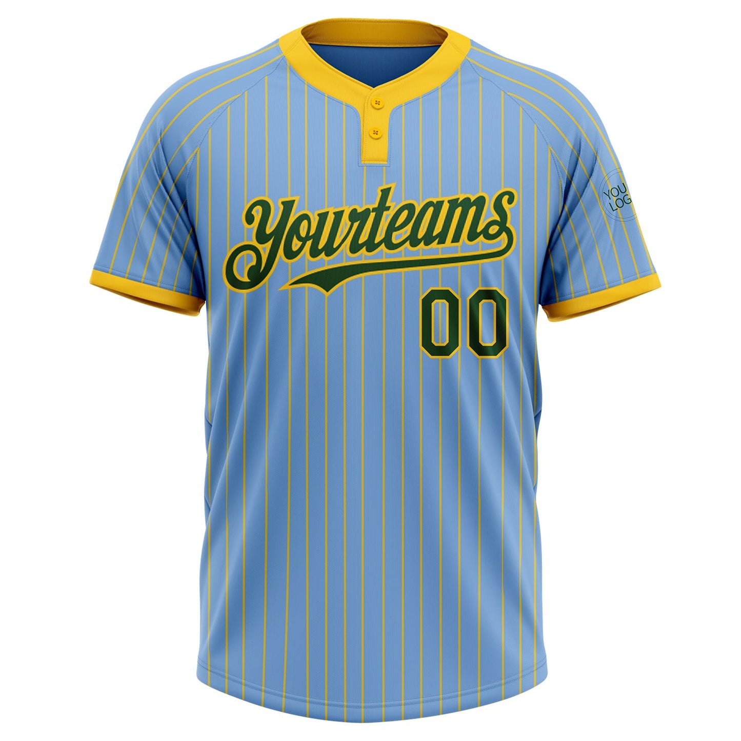 Custom Light Blue Yellow Pinstripe Green Two-Button Unisex Softball Jersey view 2