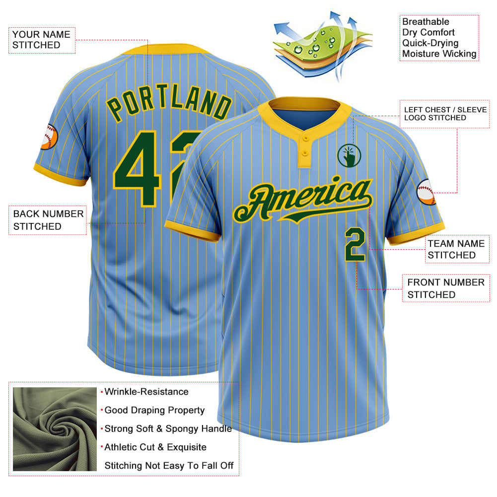 Custom Light Blue Yellow Pinstripe Green Two-Button Unisex Softball Jersey view 3